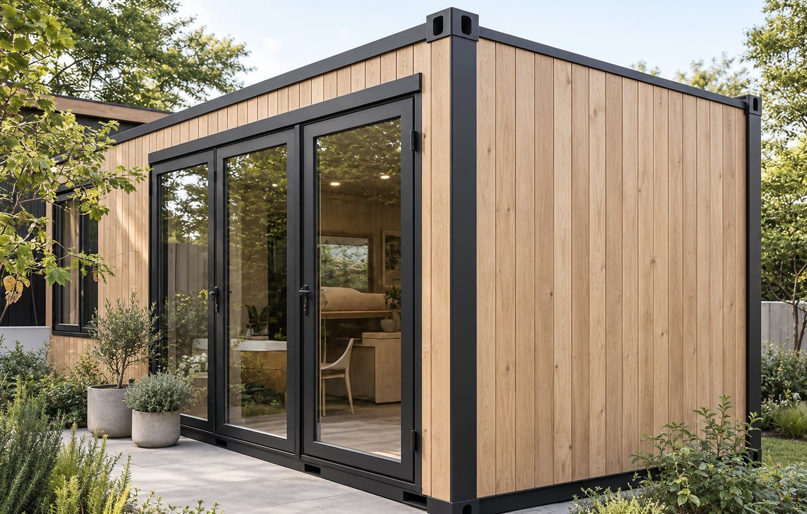 Custom garden studio with vertical oak cladding, black steel corners and full-height glass doors, potted olive trees at the entry