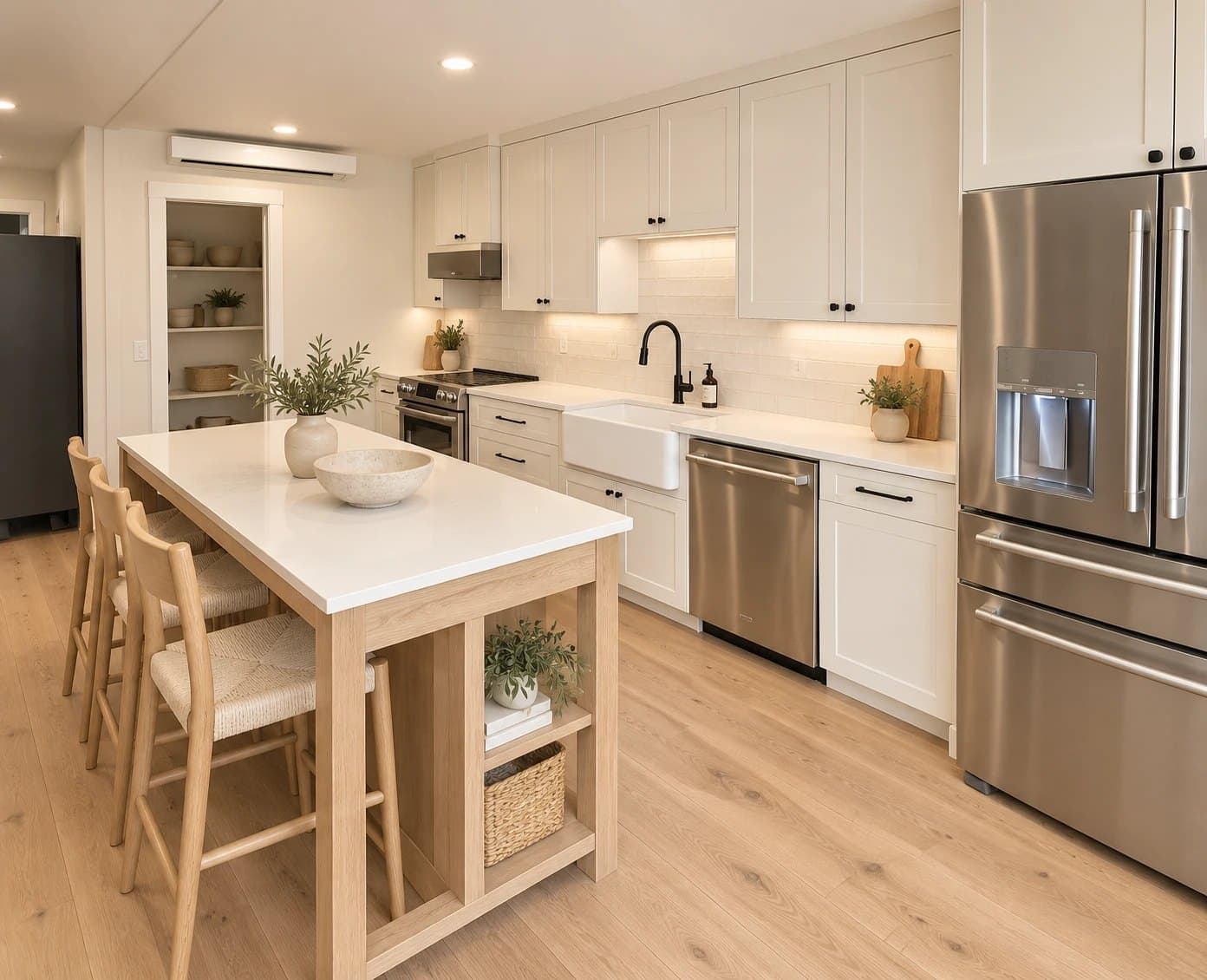 Custom interior: white shaker kitchen with an oak island, farmhouse sink, stainless appliances and light oak floors
