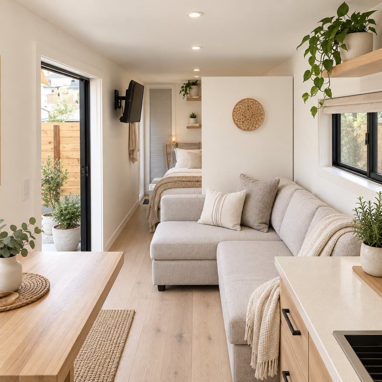 Custom interior: light oak floors, a sectional sofa, a bed nook behind a half wall, a dining table and a kitchen run with a window