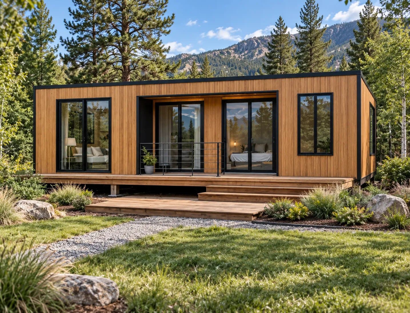 Custom container home with vertical cedar siding, black trim, sliding glass doors and a wood deck, set among pines below a mountain ridge