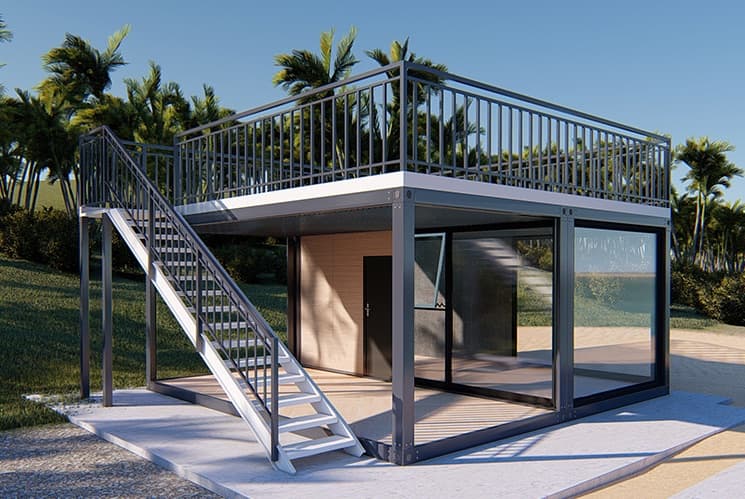 Two-story community housing block built from stacked modules