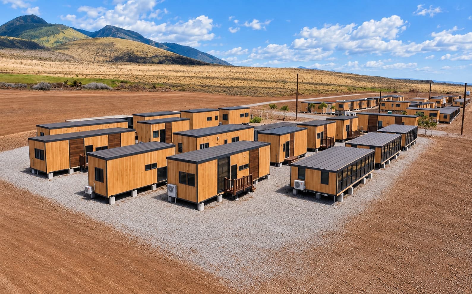 A village of wood-clad units on gravel pads with mountains behind