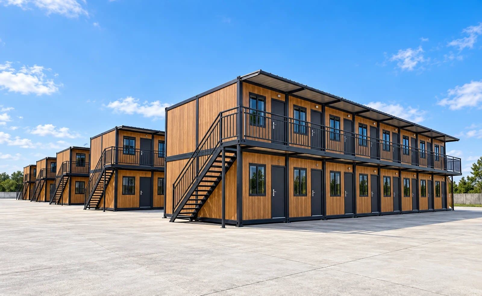 Rows of two-story wood-panel modular apartment blocks with black steel stairs and walkways