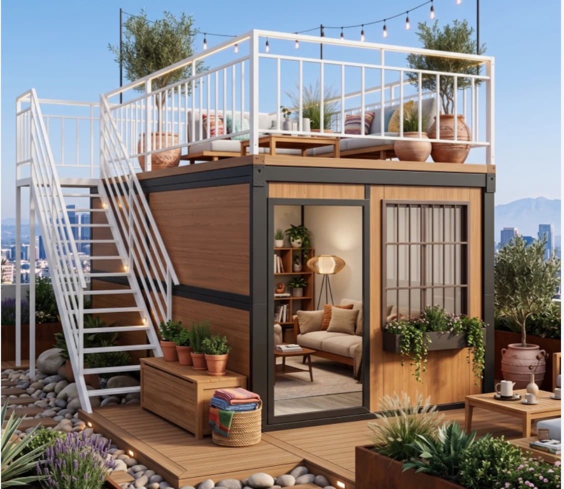 Unit with a furnished rooftop terrace, exterior stairs, and a wood deck with planters