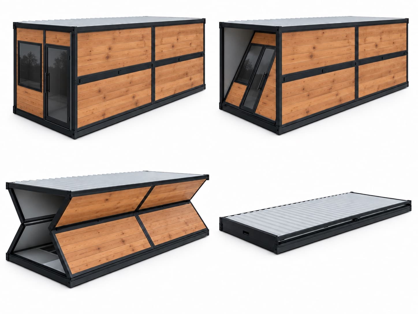 The X1 Foldable in four stages: set up, walls folding in, folded halfway, and packed flat for transport
