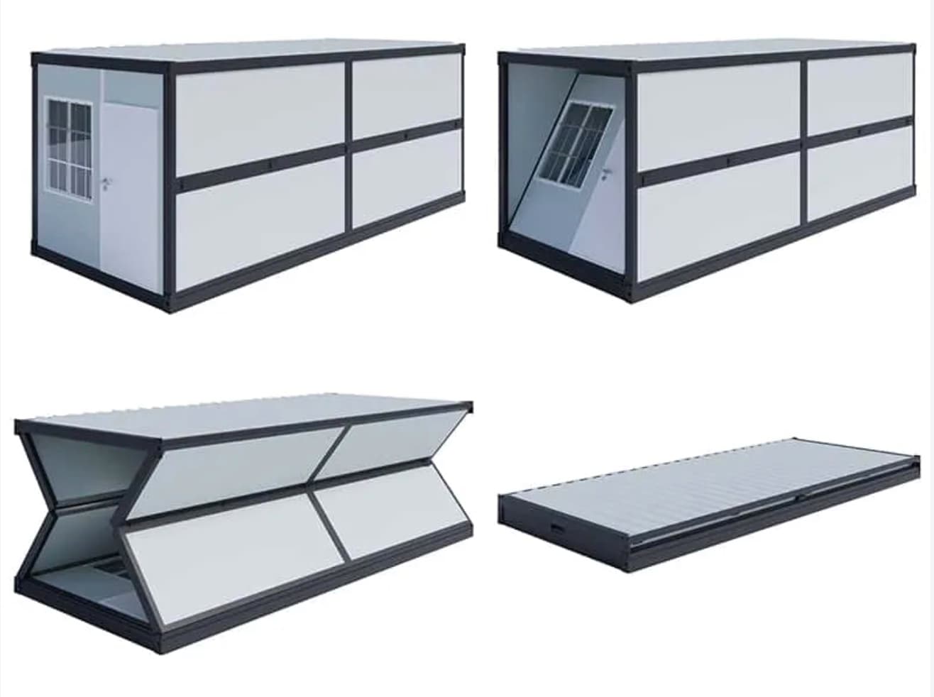 Foldable unit in white shown through four stages of folding