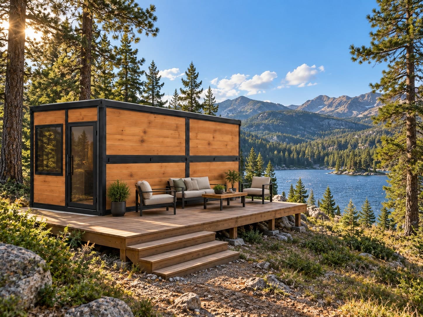 X1 Foldable on a furnished deck above a mountain lake, pines behind