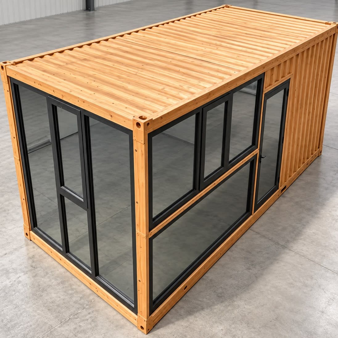 X-Executive: wood-clad unit with full-height tinted glass and black frames